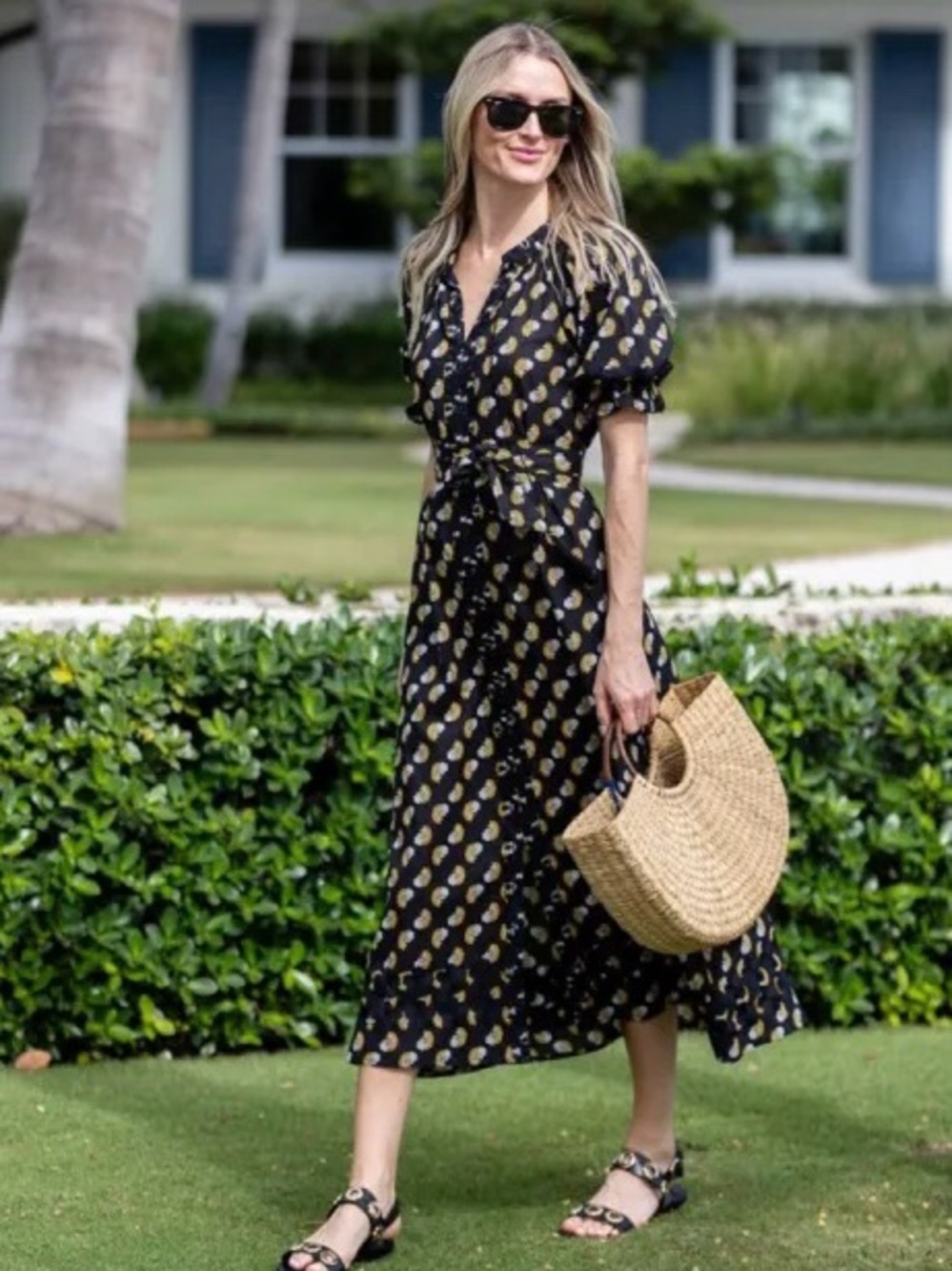 Julia Amory Zoe Black Block Print Midi Dress with Puff Sleeves Small *Pls Read*